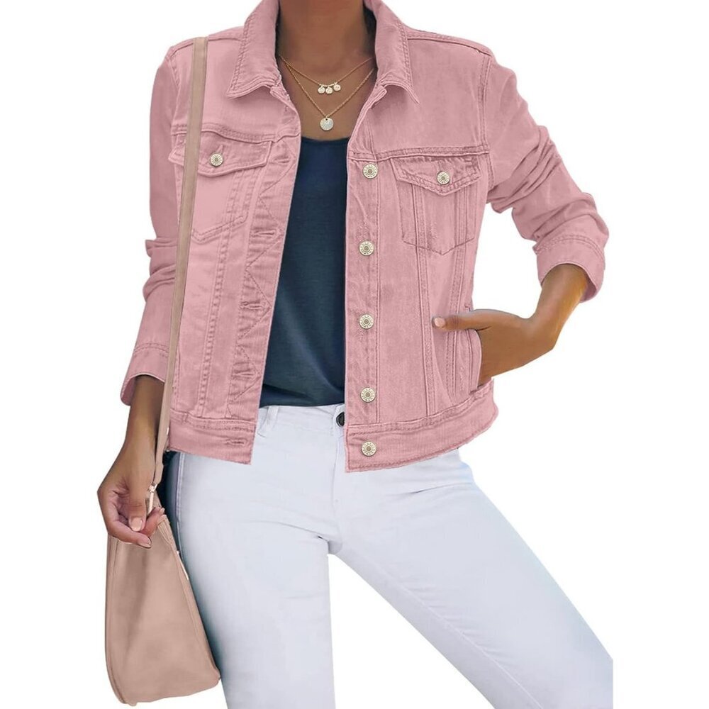 Women's Button Down Stretch Fitted Long Sleeves Denim Jean Jacket Blush Pink
